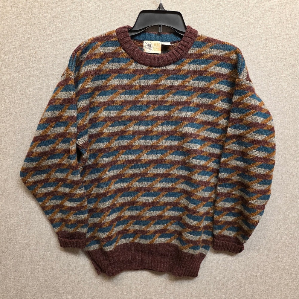 Vintage Alan Flusser Mens Geometric Sweater Burgundy Teal Multicolor 90s